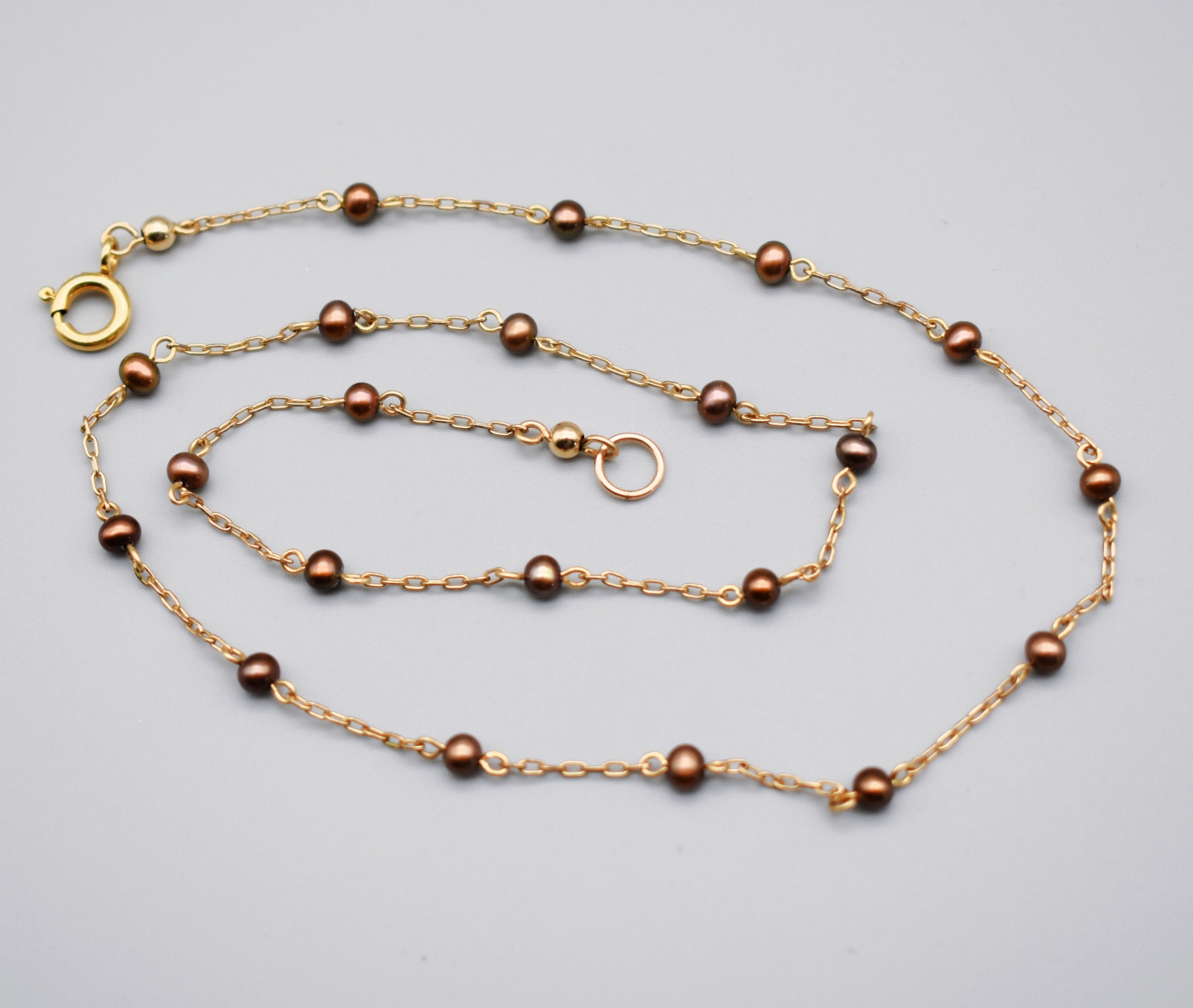 ●TATIANA● 14k Gold Filled Mignon Pearl Point NecklaceNZ114 60's 14k GF Metal & Pearls Choker, Dainty Dyed Copper Pearls