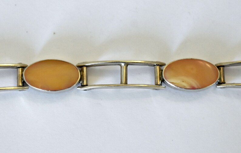 Edgy 60's sterling queen conch Modernist link bracelet, 925 silver bars & orange ovals stacker image 3