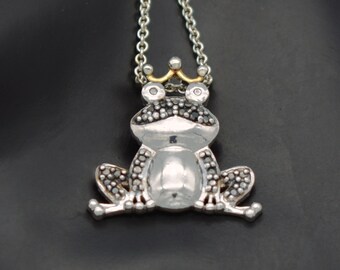 90's 925 silver black diamond frog prince pendant, FAS Thailand sterling fairy tale necklace