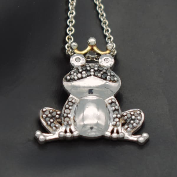 90's 925 silver black diamond frog prince pendant, FAS Thailand sterling fairy tale necklace