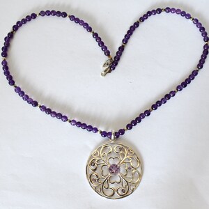 Vintage David Sigal 925 silver amethyst affixed shamrock hearts pendant, C A beaded sterling necklace image 5