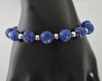 70's lapis lazuli sterling hippie bracelet, funky hand carved blue beads 925 silver rocker stacker