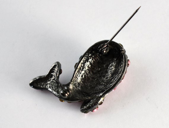 60's gunmetal rhinestone smiling whale brooch, wh… - image 8