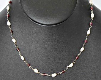 60's sterling garnet rice pearl Bohemian flower child choker, romantic beaded 925 silver necklace
