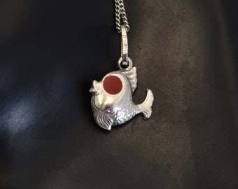 Whimsical 60's Italy sterling coral cartoon fish pendant, 87 AR designer 925 silver red-eyed goldfish necklace