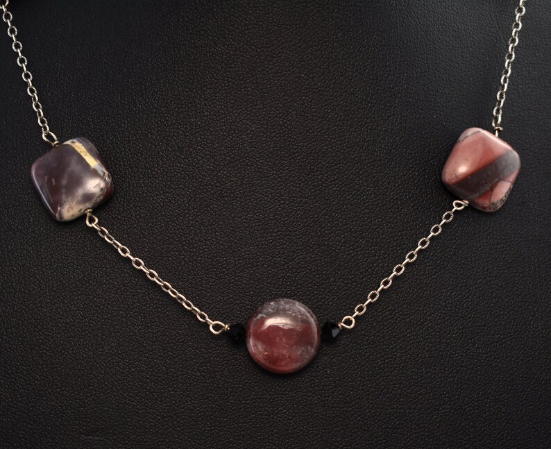 Mod 70's sterling rhodonite black crystal choker, edgy 925 silver bicones square & round discs necklace image 7