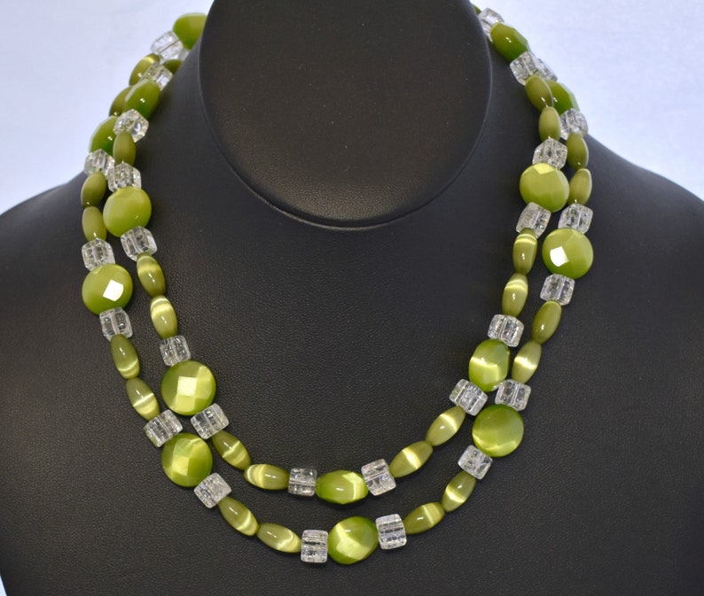 Mod 60's neon green cats eye crackle glass sterling necklace, psychedelic 925 silver beaded statement image 10