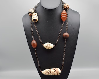 Long 60's carved bone bakelite wood copper & glass ethnic necklace, mixed media brass chain statement