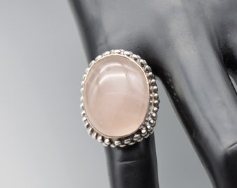 Big 80's Bali style sterling rose quartz size 5.75 ring, beaded 925 silver Byzantine solitaire