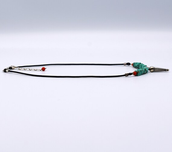 70's turquoise coral sterling leather rocker neck… - image 3