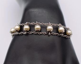 Romantic 60's sterling faux pearls bracelet, double strand 925 silver beads mid-century wristlet