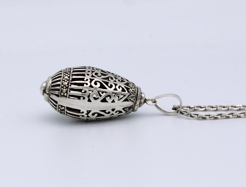 80's sterling marcasite ornate egg pendant, unusual Byzantine 925 silver pyrite cage necklace image 5