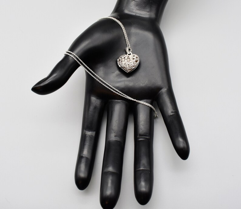 90's CW 925 silver diamond heart locket, open work sterling designer bling sweetheart necklace image 9
