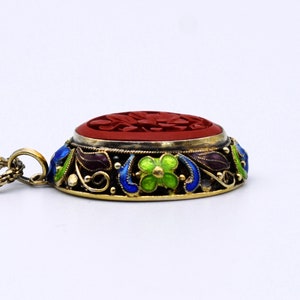 50's carved cinnabar flower gilt silver cloisonne pendant, ornate enamel 925 sterling vermeil necklace image 7