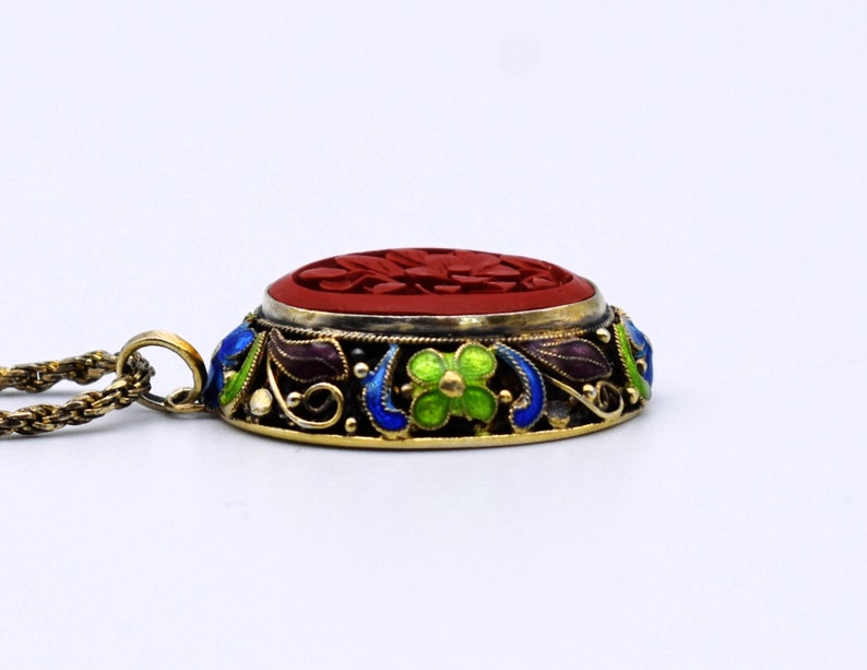 50's carved cinnabar flower gilt silver cloisonne pendant, ornate enamel 925 sterling vermeil necklace image 7