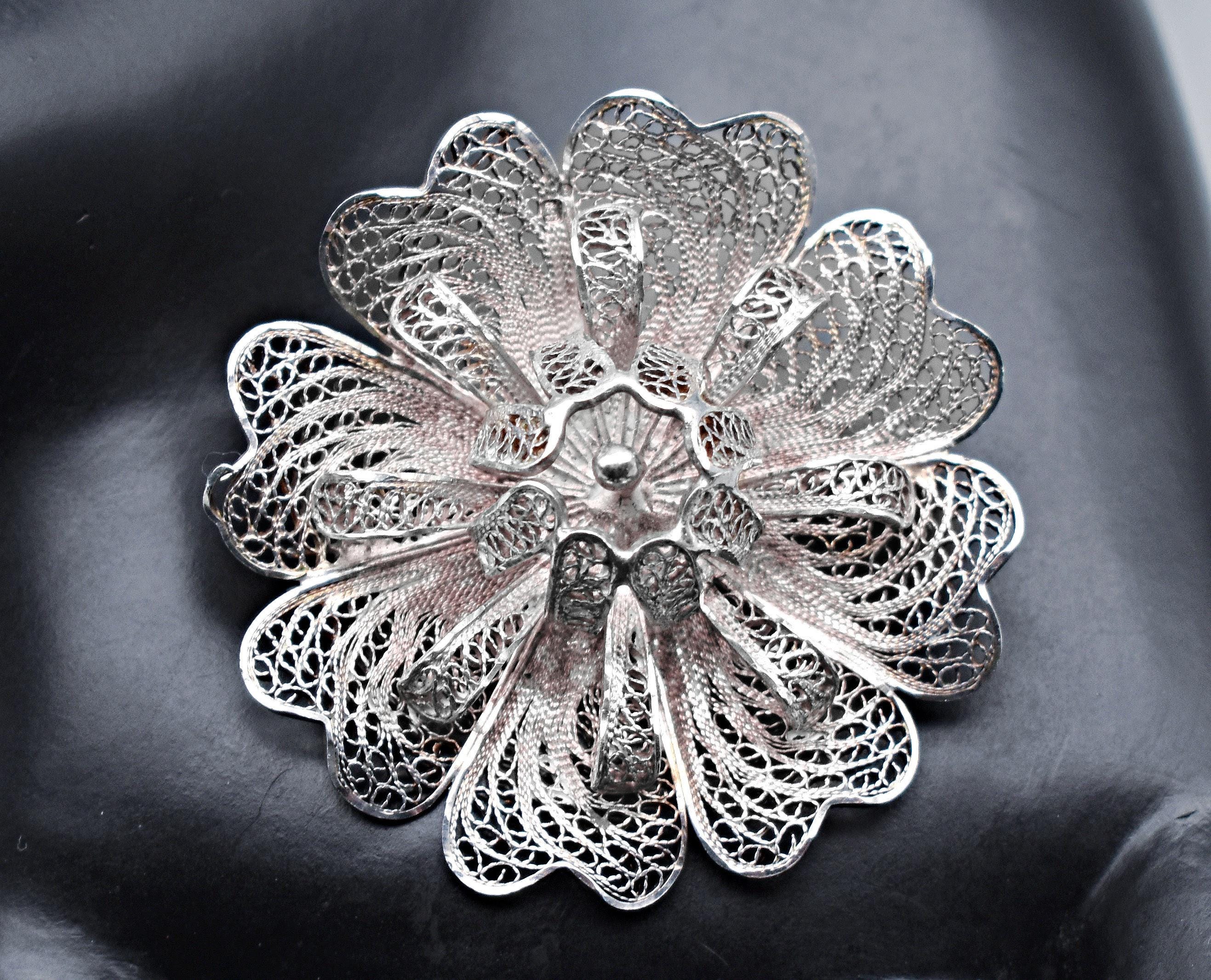60s Dimensional Sterling Cannetille Flower Brooch, Big 925 Silver