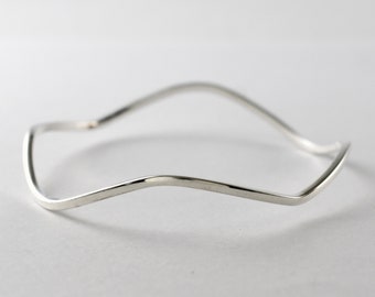 Unusual 70's wavy sterling edgy hippie bangle, thin 925 silver boho ripple bracelet