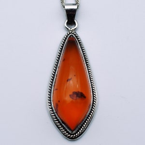 80's red amber sterling  kite shaped pendant, big R-D 925 silver amber twist chain necklace