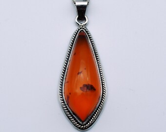 80's red amber sterling  kite shaped pendant, big R-D 925 silver amber twist chain necklace