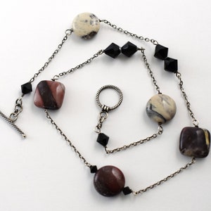 Mod 70's sterling rhodonite black crystal choker, edgy 925 silver bicones square & round discs necklace image 1