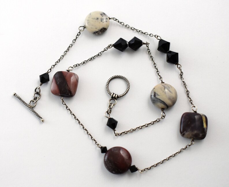 Mod 70's sterling rhodonite black crystal choker, edgy 925 silver bicones square & round discs necklace image 1