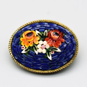 50's micro mosaic oval flowers pin, vibrant blue background gold plate floral safety pin brooch image 8