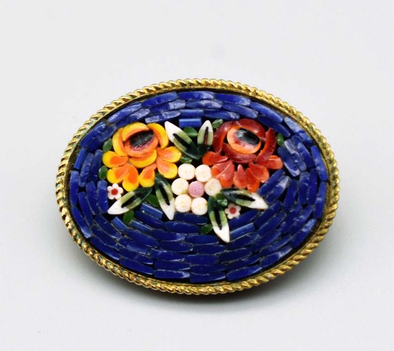 50's micro mosaic oval flowers pin, vibrant blue background gold plate floral safety pin brooch image 8