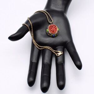 50's carved cinnabar flower gilt silver cloisonne pendant, ornate enamel 925 sterling vermeil necklace image 8