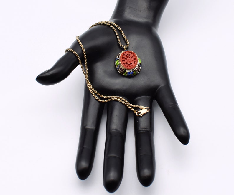 50's carved cinnabar flower gilt silver cloisonne pendant, ornate enamel 925 sterling vermeil necklace image 8