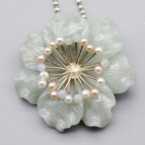 Vintage Whitney Kelly jade pearl sterling silver pendant brooch, big WK 925 China jadeite flower necklace image 9