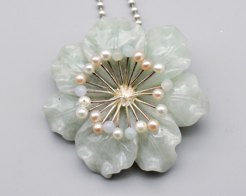 Vintage Whitney Kelly jade pearl sterling silver pendant brooch, big WK 925 China jadeite flower necklace image 9