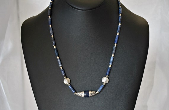 70's sterling sodalite mystic tribal necklace, bl… - image 1