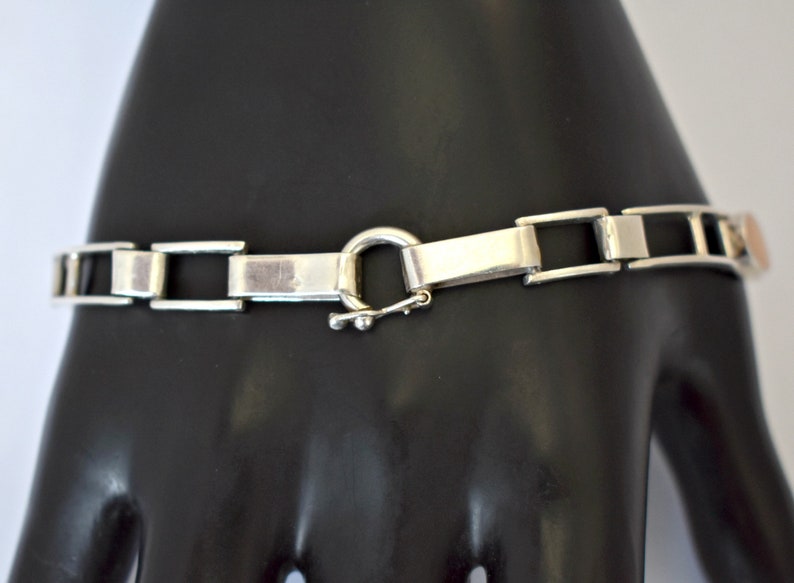 Edgy 60's sterling queen conch Modernist link bracelet, 925 silver bars & orange ovals stacker image 9