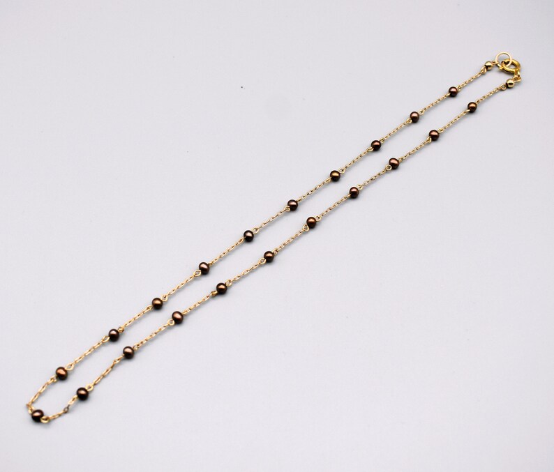 60's 14k GF metal & pearls choker, dainty dyed copper pearls gold filled paper clip chain necklace image 3