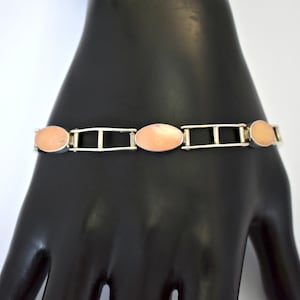 Edgy 60's sterling queen conch Modernist link bracelet, 925 silver bars & orange ovals stacker image 1