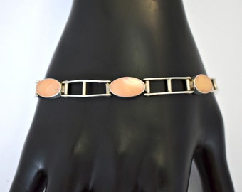 Edgy 60's sterling queen conch Modernist link bracelet, 925 silver bars & orange ovals stacker