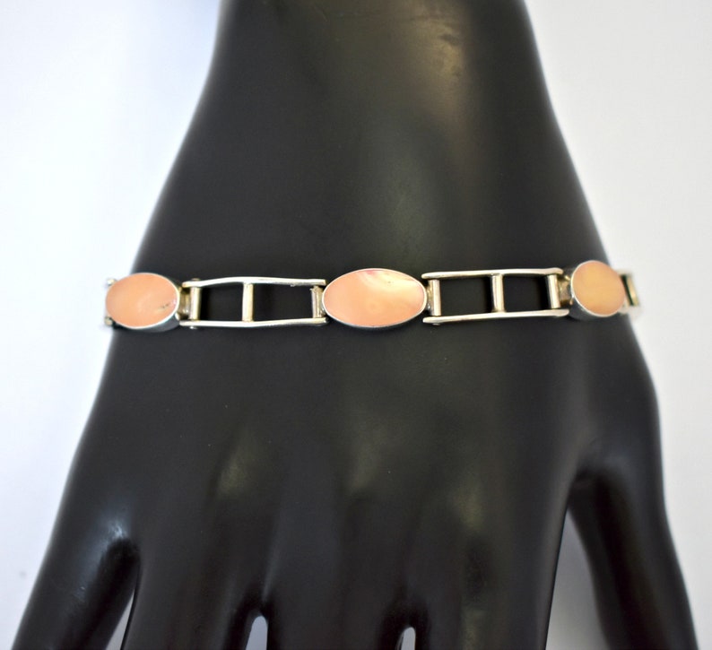 Edgy 60's sterling queen conch Modernist link bracelet, 925 silver bars & orange ovals stacker image 1