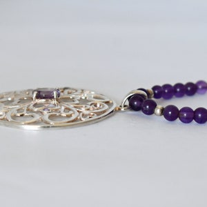 Vintage David Sigal 925 silver amethyst affixed shamrock hearts pendant, C A beaded sterling necklace image 3