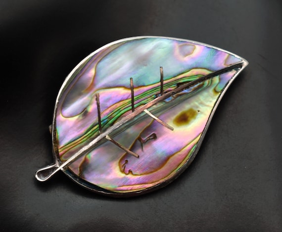 40's pre-Eagle Taxco sterling abalone leaf brooch… - image 1