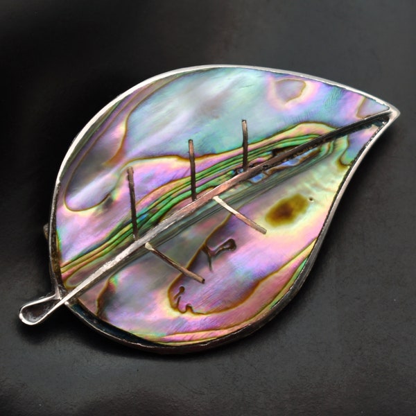 40's pre-Eagle Taxco sterling abalone leaf brooch, colorful OGM Mexico 925 silver & shell pin