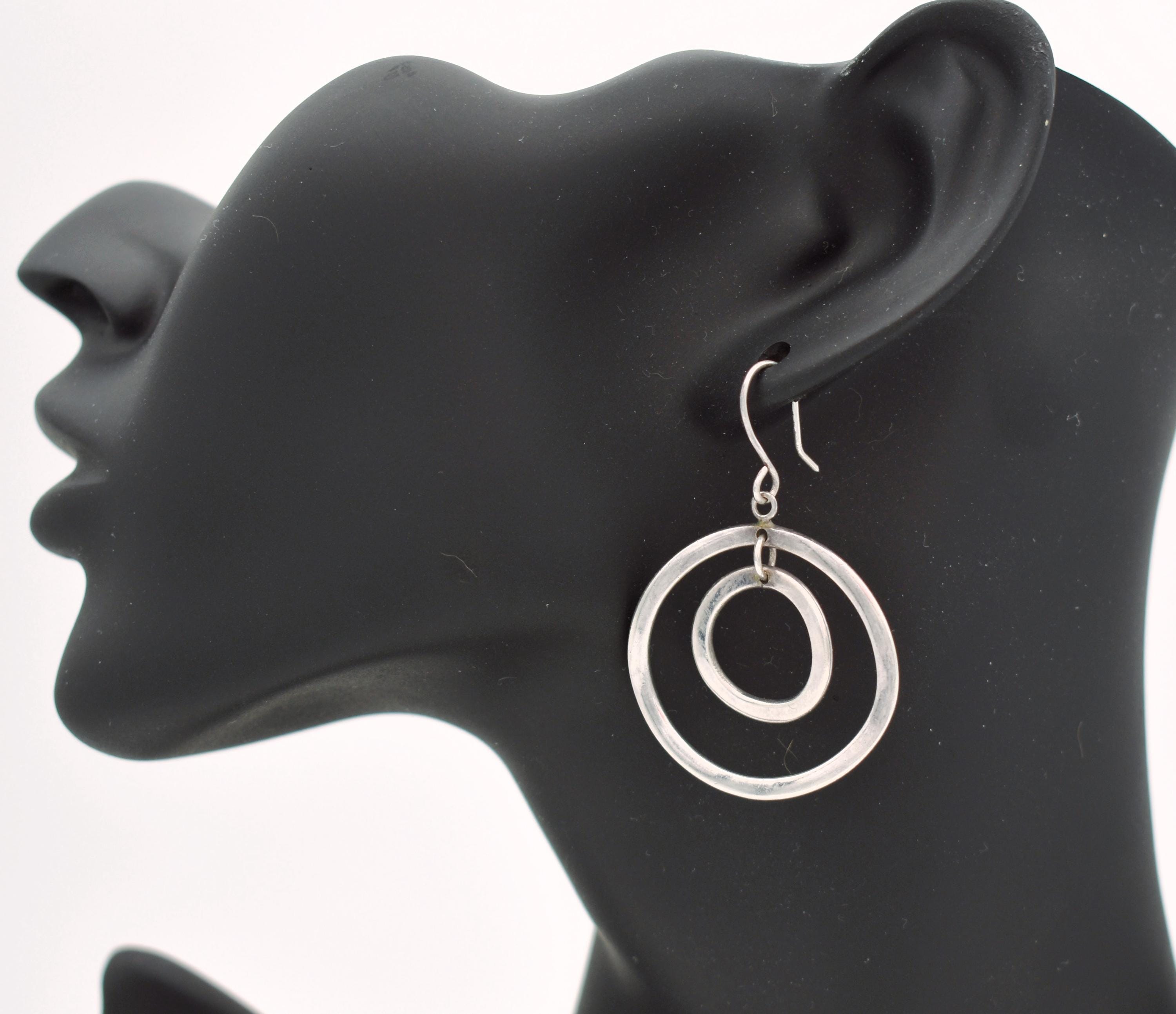 90's Modernist JRI 925 wavy circle dangles, big Mexico sterling silver twisted geometric earrings