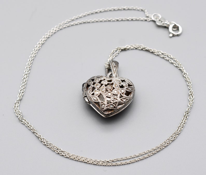 90's CW 925 silver diamond heart locket, open work sterling designer bling sweetheart necklace image 7