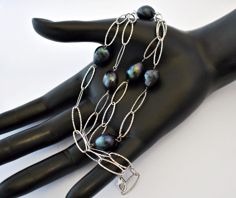 big baroque pearls on 925 silver pointed oval links mod flapper style statement 70/'s sterling peacock pearls long hippie couture necklace