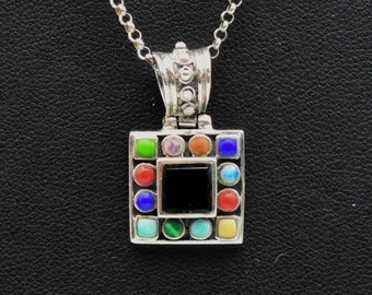 80s sterling multi-stone square hinged pendant, colorful SE 925 silver onyx center hippie necklace