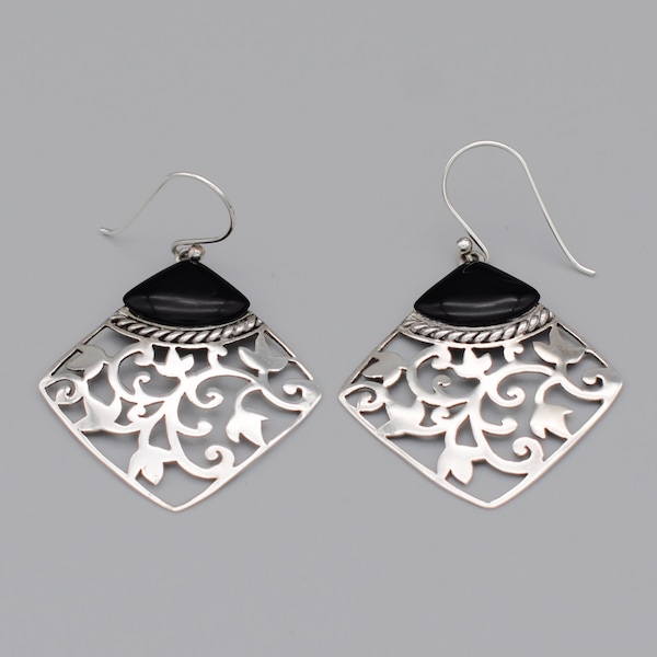 90's 925 silver black onyx lacy CFJ vine dangles, Sharon Evans sterling kite shaped boho earrings