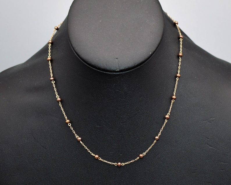 60's 14k GF metal & pearls choker, dainty dyed copper pearls gold filled paper clip chain necklace image 4