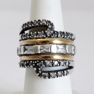80's 18k PE 925 silver goshenite size 6.5 wide bling band, edgy sterling & yellow gold white beryl statement ring image 4