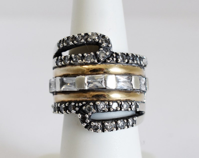 80's 18k PE 925 silver goshenite size 6.5 wide bling band, edgy sterling & yellow gold white beryl statement ring image 4