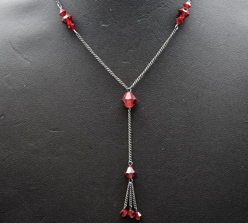 70's sterling dark red crystal Gothic fringe Y necklace, MS Co oxidized 925 silver glass bicones necklace image 6