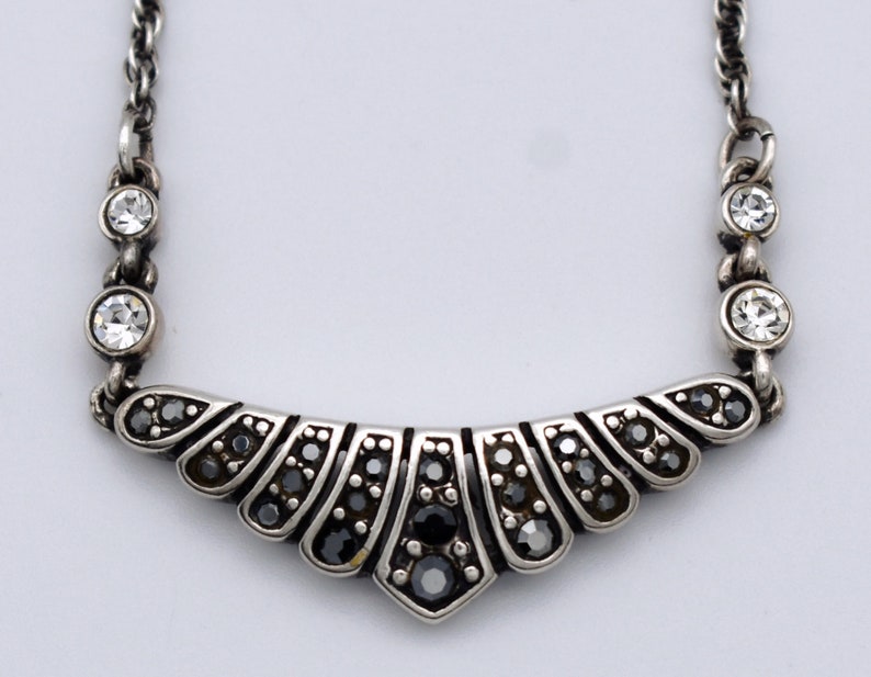 80's Art Deco style sterling & crystal bib, abstract 925 silver scalloped triangle necklace image 8